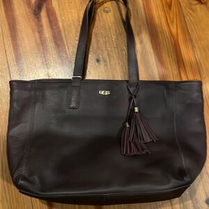 Ugg handbag, 11x18”, pebbled brown leather, inside zip and 2 others, zip closure